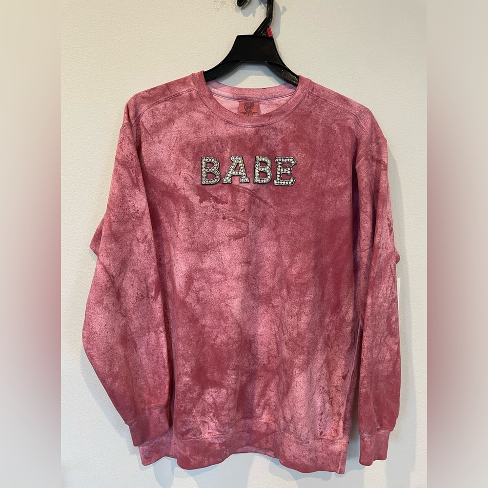BABE Women Fleece Sweatshirt Chenille Glitter Patch Size L Comfort Colors Pink